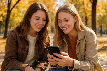 Two caucasian women looking at smartphone smiling and chatting outdoors in autumn sunlight, enjoying leisure time together. concept of friendship, joyful conversation, autumn relaxation.の写真素材