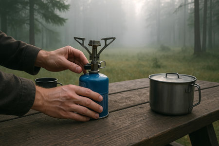 Man setting up portable gas camping stove on wooden table in misty forest. Concept of outdoor cooking, wilderness survival, hiking gear, nature adventure, camping preparation, travel lifestyle.の写真素材