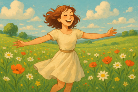 Caucasian girl joyfully running through a vibrant flower-filled meadow on a sunny day. concept of freedom, happiness, childhood adventure, nature enjoyment.の写真素材