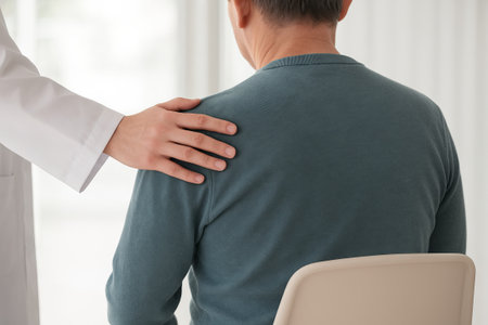 Doctor comforting male patient with supportive hand on shoulder during medical consultation in clinic. Concept of healthcare empathy, emotional support in treatment.の写真素材