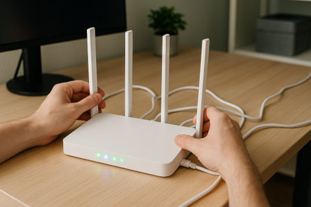 Hands adjusting wi-fi router in a modern home office setup. concept of technology, internet connectivity, network configuration.の写真素材