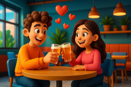 Caucasian couple enjoying a romantic toast with heart symbols in a cozy cafe setting. concept of love, celebration, intimate moment, cheerful atmosphere, illustration.の写真素材