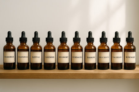 Collection of herbal tincture bottles featuring chamomile, lavender, echinacea, and more on a wooden shelf. concept of natural remedies, holistic health, aromatherapy.の写真素材