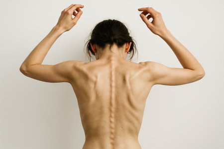 Back view of slim Caucasian woman with visible spine and raised arms against neutral background. Concept of body awareness, spine health, medical anatomy, physical condition, human body structure.の写真素材