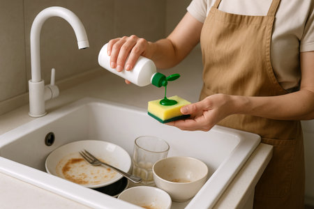 Caucasian woman washing dishes in a kitchen sink with sponge and detergent. concept of household chores, clean kitchen, daily routine, home maintenance.の写真素材