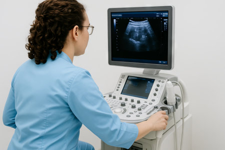 Young caucasian woman doctor operating ultrasound machine in medical setting. concept of healthcare,...