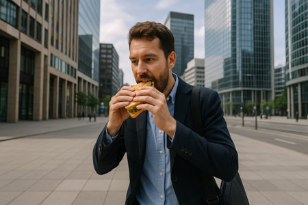 Caucasian man enjoying a sandwich while walking in an urban cityscape. concept of quick lunch break, urban lifestyle, on-the-go eating, city worker.の写真素材