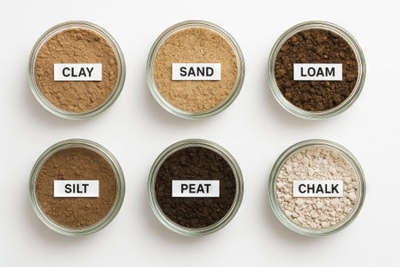 Diverse soil types displayed in glass containers: clay, sand, loam, silt, peat, chalk. concept of earth science, agriculture, soil study educational material white background.の写真素材