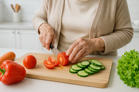 Elderly caucasian woman preparing fresh vegetables in a modern kitchen. concept of healthy cooking, vegetarian food, culinary skills, home cooking, healthy lifestyle.のeditorial素材