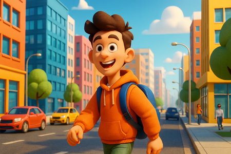 Smiling teenage boy in orange hoodie walking down city street with backpack on sunny day. Concept of student lifestyle, youth urban scene, education journey, cheerful school boy character illustration.の写真素材