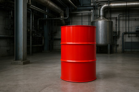 Red industrial oil barrel in a factory setting with metal piping and tanks. concept of manufacturing, heavy industry, storage solutions, industrial supply chain, warehouse equipment.の写真素材