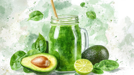 Delicious and healthy green smoothie with avocado and lime - watercolor illustration of fresh...