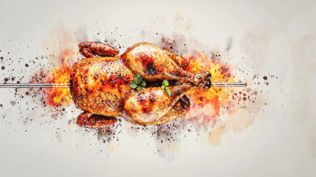 Watercolor illustration of grilled chicken with herbs and flame elements. concept of culinary art,...