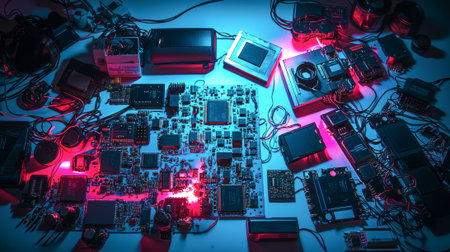 Collection of advanced electronic components and circuit boards under vibrant lighting. concept of high-tech engineering, modern technology, innovation, electronic development.の写真素材