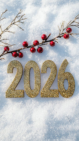Glittering 2026 in snowy winter scene with red berries branch. concept of new year celebration,...