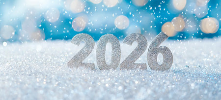 Glittering 2026 sign in snowy wonderland. concept of new year's celebration, winter festivity,...