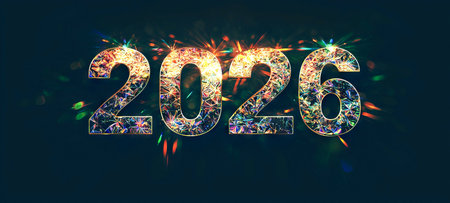 Colorful fireworks display celebrating the arrival of the New Year 2026 festive celebration concept,...