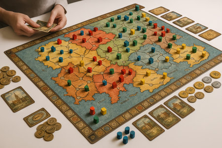 Strategic player hands holding cards during complex board game with colorful pieces and coins on...