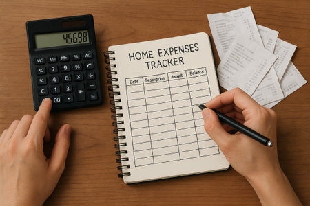 Hands calculating home expenses using budget tracker notebook, pen and calculator with receipts on wooden table. Concept of household financial planning, personal budget management, expense tracking.の写真素材