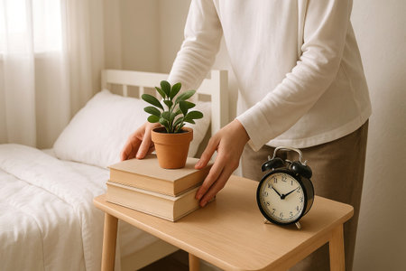 Woman organizing minimalist nightstand with potted plant and vintage alarm clock in cozy bedroom. Concept of home decor, peaceful morning routine, slow living.の写真素材