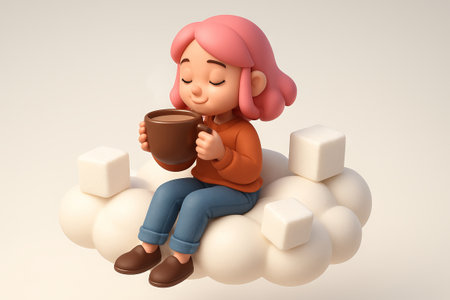 Whimsical pink-haired girl enjoying coffee on fluffy cloud with sugar cubes. concept of dreamlike relaxation, imagination, cozy moment, morning coffee ritual.の写真素材
