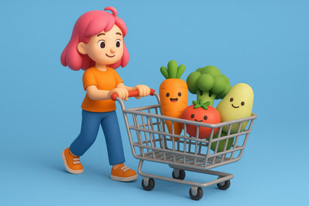 Pink haired girl pushes shopping cart with smiling vegetables. concept of grocery shopping, happy cartoons, playful market scene.の写真素材