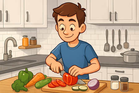 Young boy chopping fresh vegetables including bell pepper, carrot, and onion on a kitchen countertop. concept of cooking, healthy eating, kitchen activity, family meal preparation.の写真素材