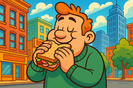 Cartoon man enjoying a delicious sandwich in a vibrant urban setting with colorful buildings. concept of snack break, city life, tasty food.の写真素材