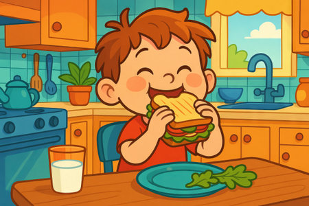 Happy child eating sandwich in bright kitchen with glass of milk. concept of joyful mealtime, healthy eating, childhood, indoor activity, family kitchen.の写真素材