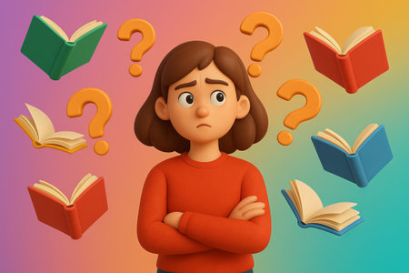 Curious adventure of a young woman surrounded by floating books and question marks on colorful background. concept of learning, curiosity, education.の写真素材