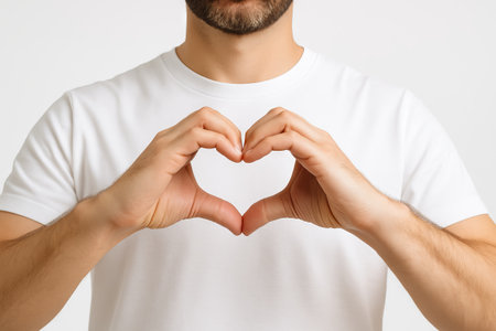 Close-up of man making heart gesture with hands in white t-shirt. concept of love expression, simple gesture, positive emotion. white background.の写真素材
