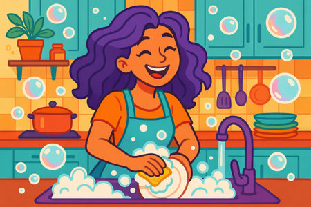 Joyful young woman dishwashing with delight in a colorful kitchen illustration. concept of happy home chores, domestic bliss, cleanliness.の写真素材
