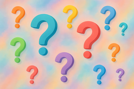 Colorful floating question marks on colorful pastel background illustration. concept of curiosity, inquiry, abstract ideas.の写真素材