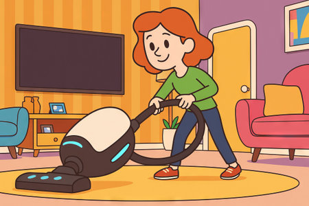 Illustration of woman vacuuming living room with modern decor and vibrant colors. concept of clean home, housekeeping chores, indoor activity.の写真素材