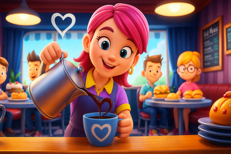 Young woman with pink hair pouring coffee at a cozy cafe with heart design on cup. concept of friendly barista, love for coffee, cheerful cafe atmosphere, cozy leisure time.の写真素材