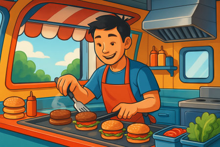 Young asian man cooking burgers in a food truck kitchen with colorful decor. concept of street food, culinary skills, outdoor dining, fast food.の写真素材