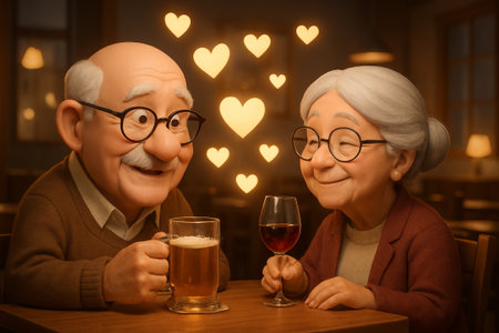 Elderly couple enjoying a romantic evening with drinks and heart-shaped lights in a cozy cafe. concept of love, companionship, happiness.の写真素材