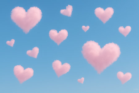 Floating pink heart shaped clouds in a clear blue sky illustration. concept of love, romance, and dreamlike fantasy scene, capturing whimsical atmosphere and imagination, Background.の写真素材