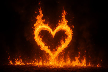 Fiery heart symbol glowing with intense flames in dark background. concept of passion, love, burning emotion.の写真素材