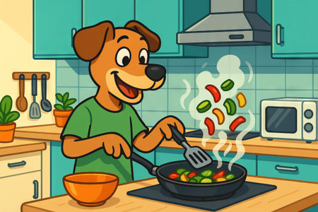 Cartoon dog as chef cooking colorful vegetables in kitchen. concept of fun culinary activity, pet chef, playful cooking scene illustration.の写真素材