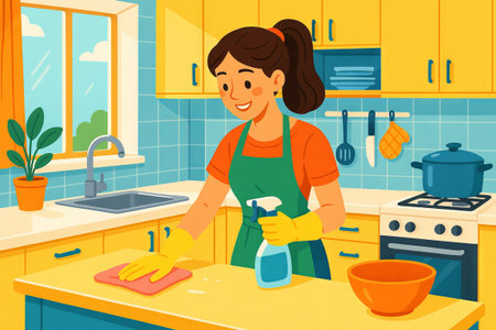 Young woman cleaning kitchen with spray bottle and cloth in bright sunny kitchen. concept of housekeeping, home chores, cleanliness.の写真素材