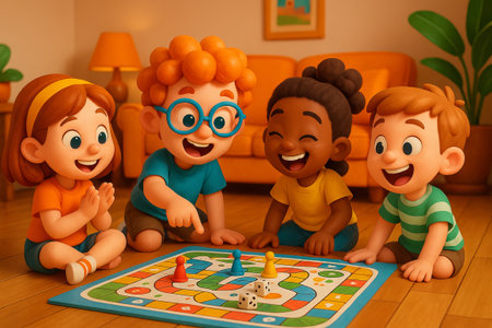 Children playing a board game indoors with smiles and joy in a simple living room setting. concept of childhood fun, indoor activities, family bonding, friendship.の写真素材