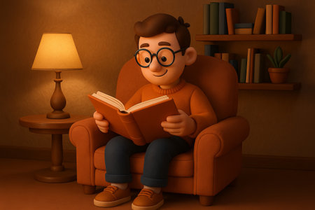 Young man reading a book in an armchair by lamp light in cozy room. concept of relaxation, comfort, leisure activity.の写真素材