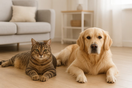 Cat and dog resting together on wooden floor in cozy living room setting. concept of pet companionship, domestic animals, comfortable home interior.の写真素材
