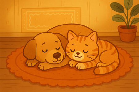 Sleepy dog and cat friends resting on an orange carpet illustration. concept of friendship, cozy home, relaxation.の写真素材
