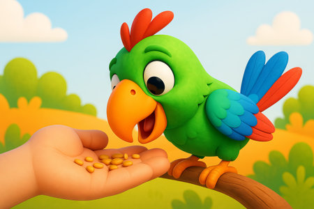 Colorful parrot eating seeds from hand on a sunny day in nature. concept of friendship, feeding birds, wildlife interaction.の写真素材