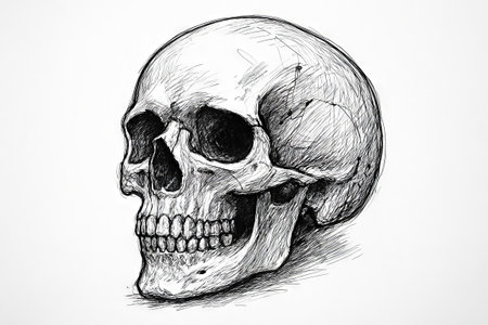 Black and white human skull illustration with simple composition for artistic design concepts, minimalist sketch, Halloween decor, isolated on white background.の写真素材