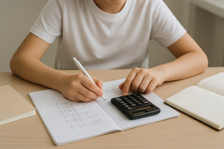 Young student completing homework at desk with notebook and calculator. concept of learning, study focus, Child education.の写真素材