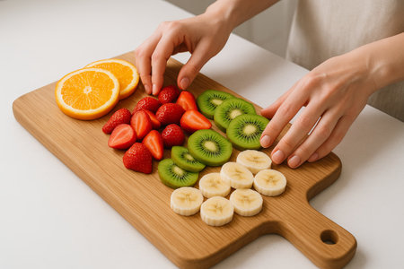 Woman Hands arranging sliced fruits on wooden board with strawberries, oranges, kiwis, and bananas. concept of healthy eating, meal preparation, colorful snack.の写真素材