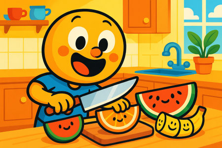 Cheerful fruit character slicing watermelon and banana in a bright kitchen scene. concept of fun cooking, happy food preparation, illustrated kitchen activity.の写真素材